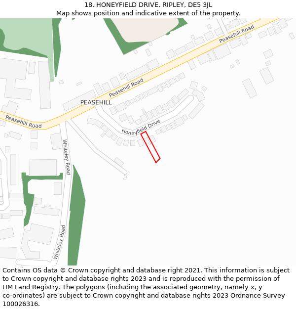 18, HONEYFIELD DRIVE, RIPLEY, DE5 3JL: Location map and indicative extent of plot