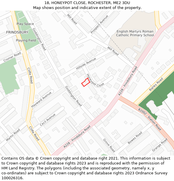 18, HONEYPOT CLOSE, ROCHESTER, ME2 3DU: Location map and indicative extent of plot