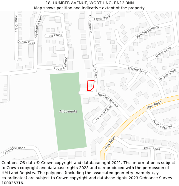 18, HUMBER AVENUE, WORTHING, BN13 3NN: Location map and indicative extent of plot