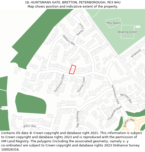 18, HUNTSMANS GATE, BRETTON, PETERBOROUGH, PE3 9AU: Location map and indicative extent of plot