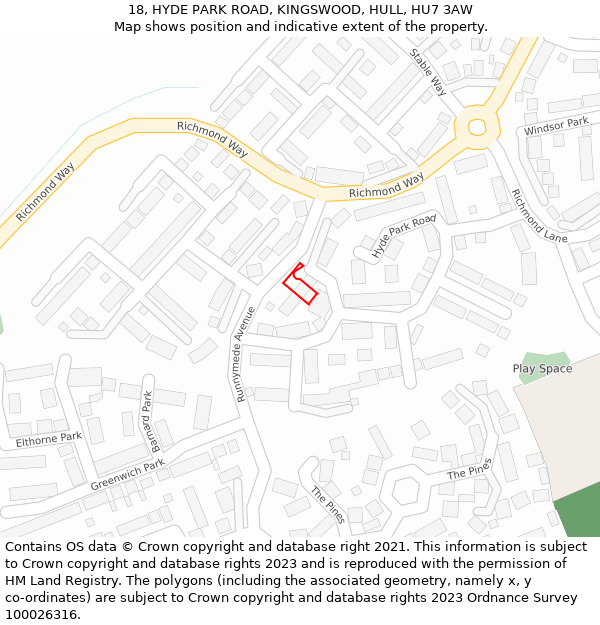 18, HYDE PARK ROAD, KINGSWOOD, HULL, HU7 3AW: Location map and indicative extent of plot