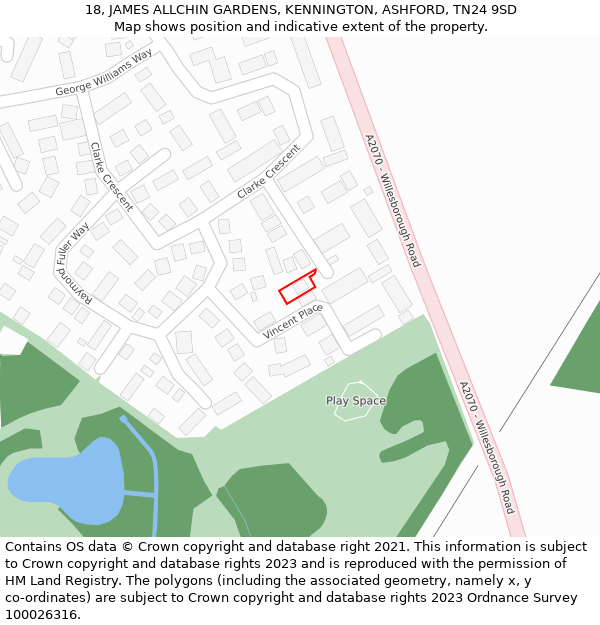 18, JAMES ALLCHIN GARDENS, KENNINGTON, ASHFORD, TN24 9SD: Location map and indicative extent of plot