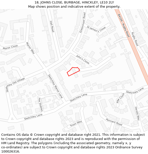 18, JOHNS CLOSE, BURBAGE, HINCKLEY, LE10 2LY: Location map and indicative extent of plot