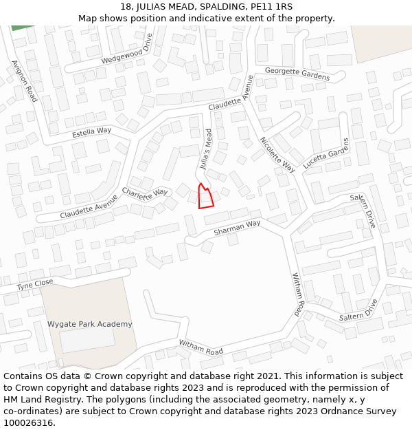 18, JULIAS MEAD, SPALDING, PE11 1RS: Location map and indicative extent of plot