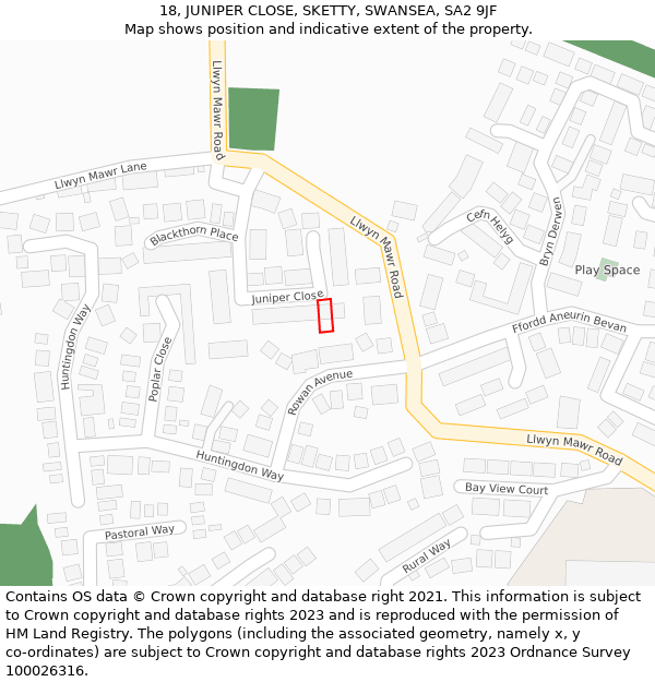 18, JUNIPER CLOSE, SKETTY, SWANSEA, SA2 9JF: Location map and indicative extent of plot