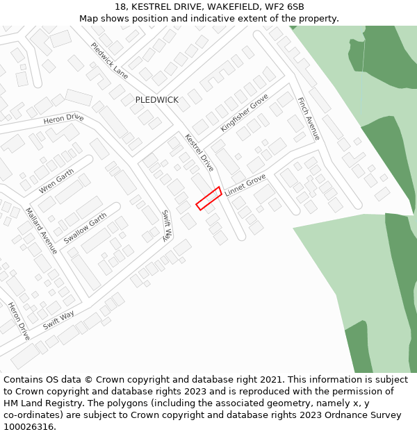 18, KESTREL DRIVE, WAKEFIELD, WF2 6SB: Location map and indicative extent of plot