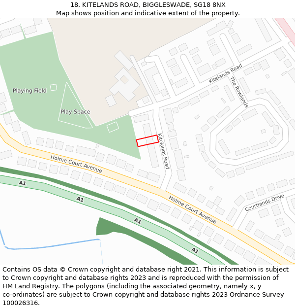 18, KITELANDS ROAD, BIGGLESWADE, SG18 8NX: Location map and indicative extent of plot