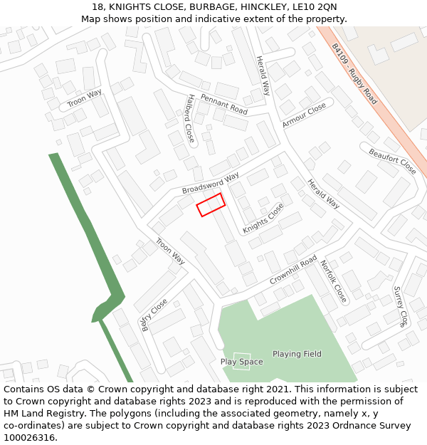 18, KNIGHTS CLOSE, BURBAGE, HINCKLEY, LE10 2QN: Location map and indicative extent of plot