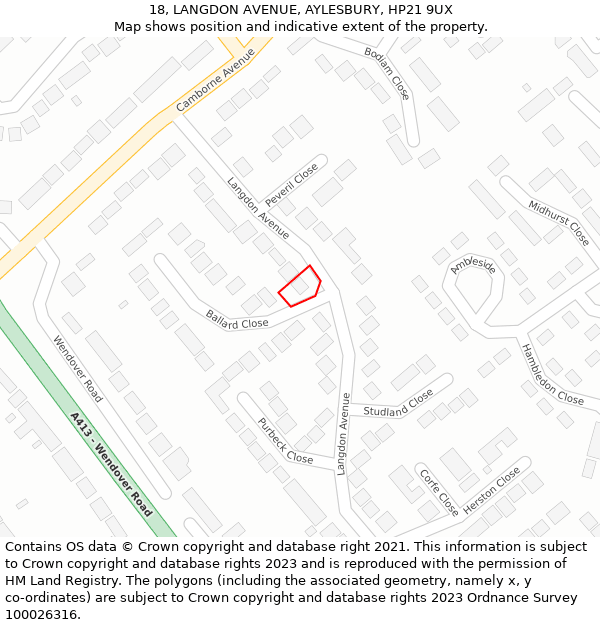 18, LANGDON AVENUE, AYLESBURY, HP21 9UX: Location map and indicative extent of plot
