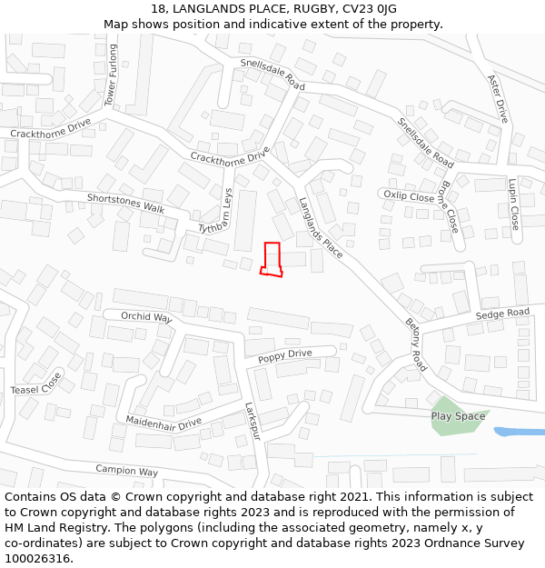 18, LANGLANDS PLACE, RUGBY, CV23 0JG: Location map and indicative extent of plot