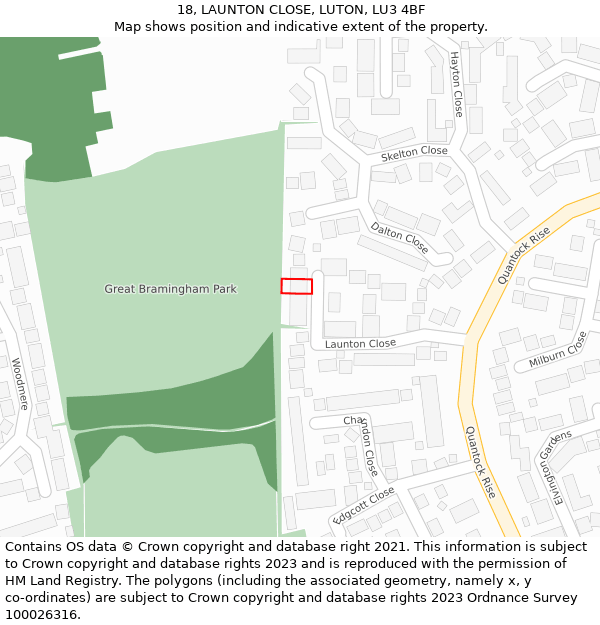 18, LAUNTON CLOSE, LUTON, LU3 4BF: Location map and indicative extent of plot