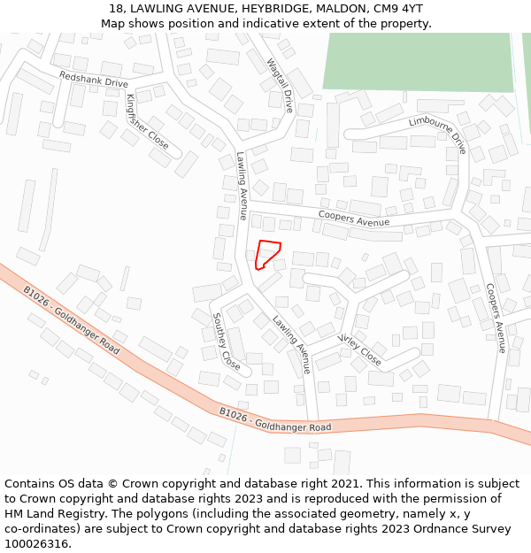 18, LAWLING AVENUE, HEYBRIDGE, MALDON, CM9 4YT: Location map and indicative extent of plot