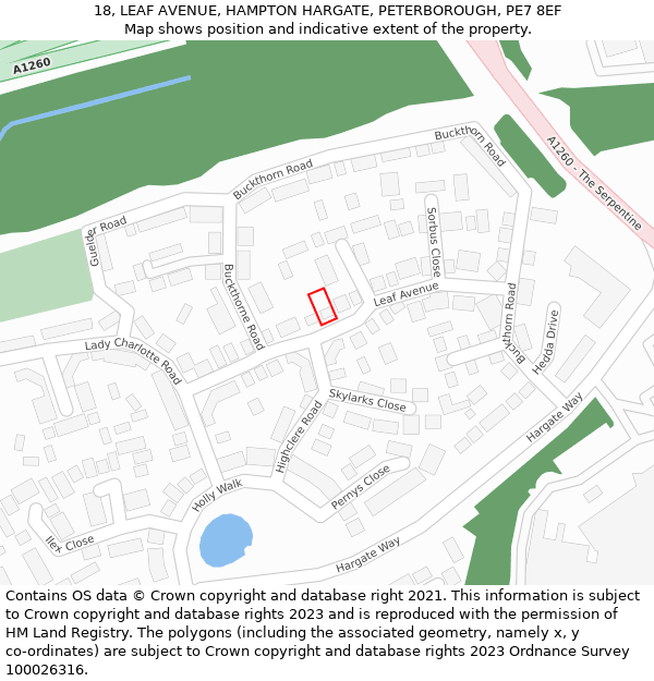 18, LEAF AVENUE, HAMPTON HARGATE, PETERBOROUGH, PE7 8EF: Location map and indicative extent of plot