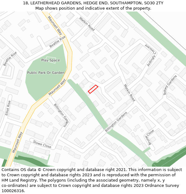 18, LEATHERHEAD GARDENS, HEDGE END, SOUTHAMPTON, SO30 2TY: Location map and indicative extent of plot