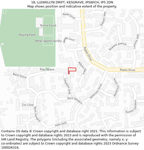 18, LLEWELLYN DRIFT, KESGRAVE, IPSWICH, IP5 2DN: Location map and indicative extent of plot