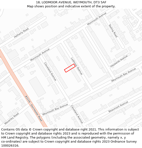 18, LODMOOR AVENUE, WEYMOUTH, DT3 5AF: Location map and indicative extent of plot