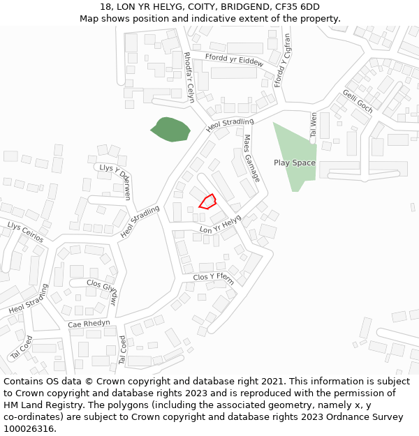 18, LON YR HELYG, COITY, BRIDGEND, CF35 6DD: Location map and indicative extent of plot