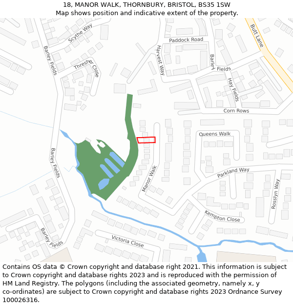 18, MANOR WALK, THORNBURY, BRISTOL, BS35 1SW: Location map and indicative extent of plot