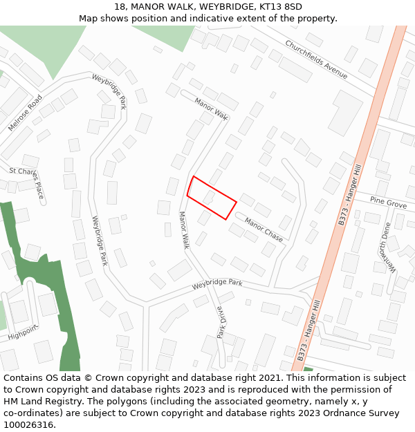 18, MANOR WALK, WEYBRIDGE, KT13 8SD: Location map and indicative extent of plot