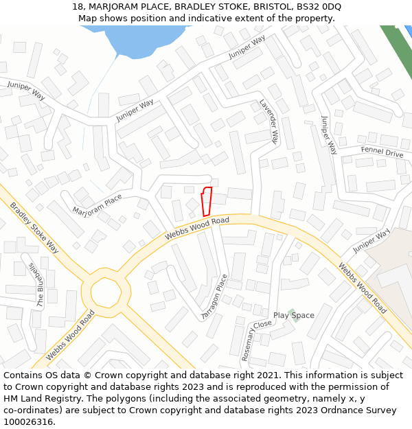 18, MARJORAM PLACE, BRADLEY STOKE, BRISTOL, BS32 0DQ: Location map and indicative extent of plot