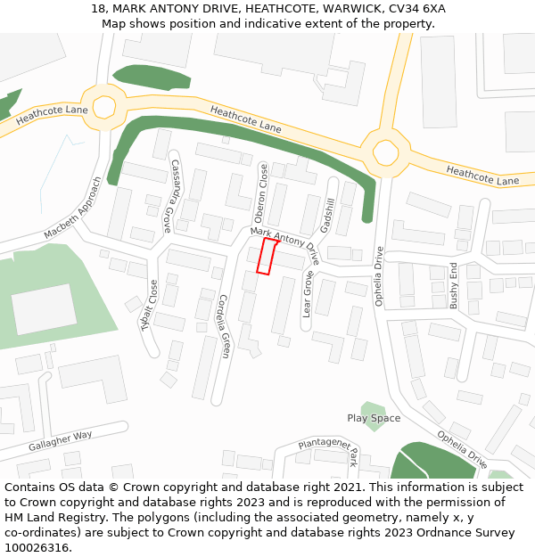 18, MARK ANTONY DRIVE, HEATHCOTE, WARWICK, CV34 6XA: Location map and indicative extent of plot