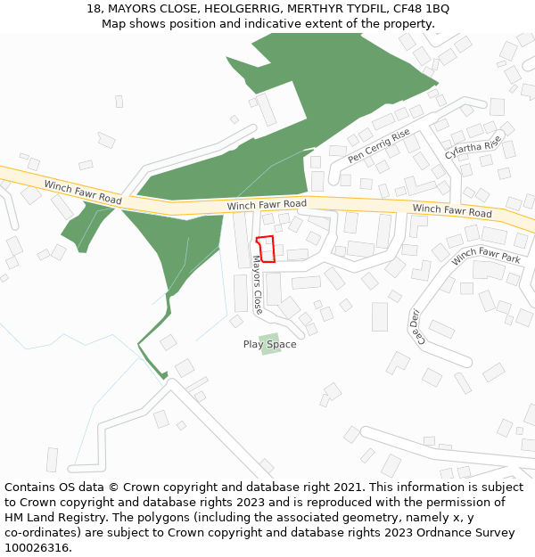 18, MAYORS CLOSE, HEOLGERRIG, MERTHYR TYDFIL, CF48 1BQ: Location map and indicative extent of plot