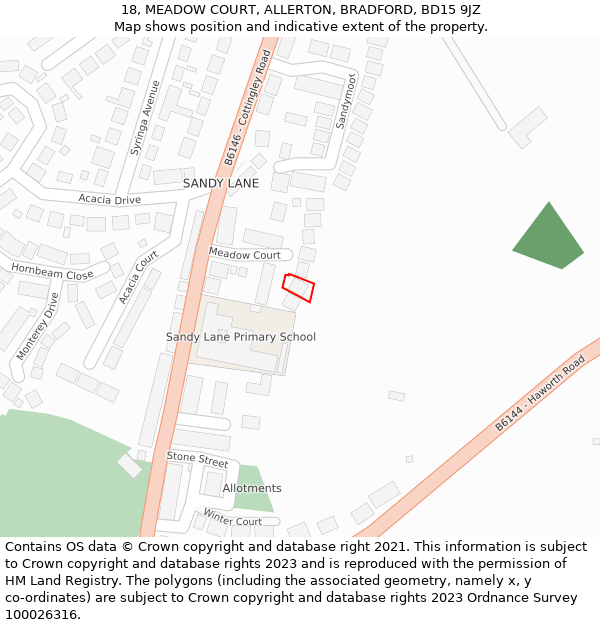 18, MEADOW COURT, ALLERTON, BRADFORD, BD15 9JZ: Location map and indicative extent of plot