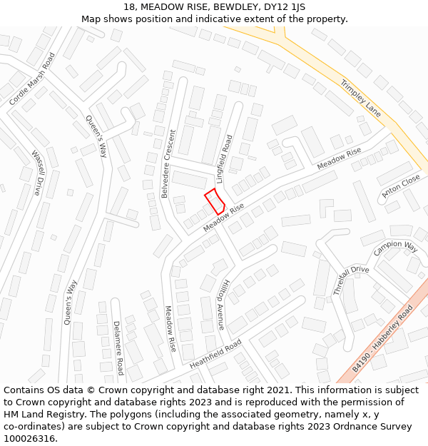 18, MEADOW RISE, BEWDLEY, DY12 1JS: Location map and indicative extent of plot