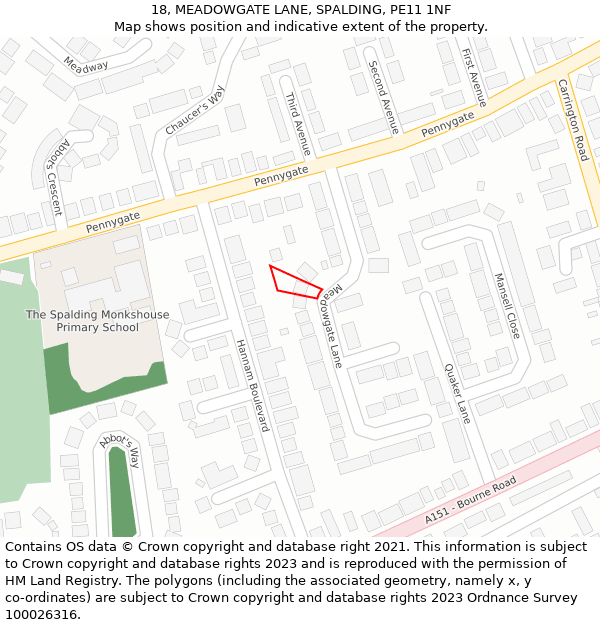 18, MEADOWGATE LANE, SPALDING, PE11 1NF: Location map and indicative extent of plot