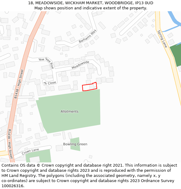 18, MEADOWSIDE, WICKHAM MARKET, WOODBRIDGE, IP13 0UD: Location map and indicative extent of plot