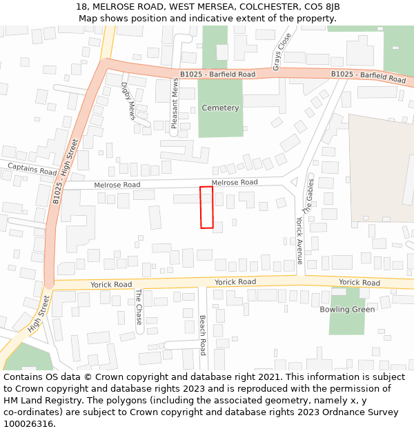 18, MELROSE ROAD, WEST MERSEA, COLCHESTER, CO5 8JB: Location map and indicative extent of plot