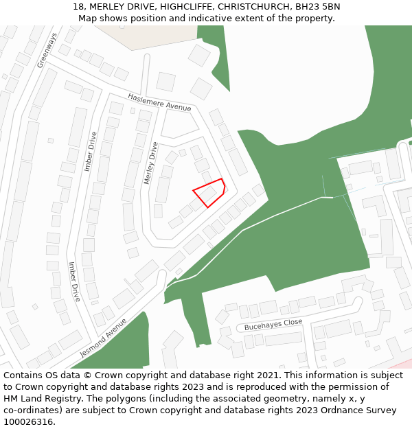 18, MERLEY DRIVE, HIGHCLIFFE, CHRISTCHURCH, BH23 5BN: Location map and indicative extent of plot