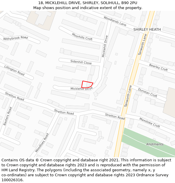 18, MICKLEHILL DRIVE, SHIRLEY, SOLIHULL, B90 2PU: Location map and indicative extent of plot