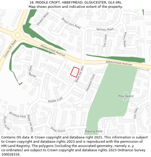 18, MIDDLE CROFT, ABBEYMEAD, GLOUCESTER, GL4 4RL: Location map and indicative extent of plot