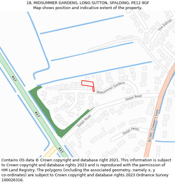 18, MIDSUMMER GARDENS, LONG SUTTON, SPALDING, PE12 9GF: Location map and indicative extent of plot