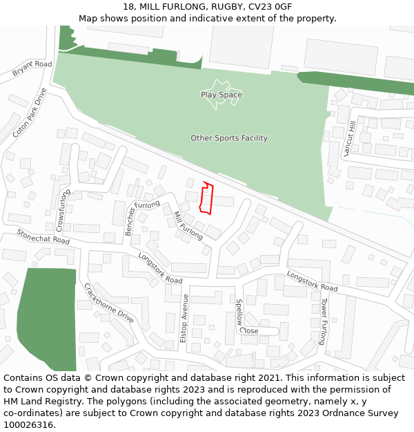 18, MILL FURLONG, RUGBY, CV23 0GF: Location map and indicative extent of plot