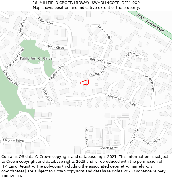 18, MILLFIELD CROFT, MIDWAY, SWADLINCOTE, DE11 0XP: Location map and indicative extent of plot