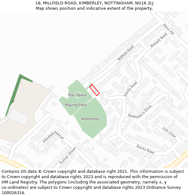 18, MILLFIELD ROAD, KIMBERLEY, NOTTINGHAM, NG16 2LJ: Location map and indicative extent of plot