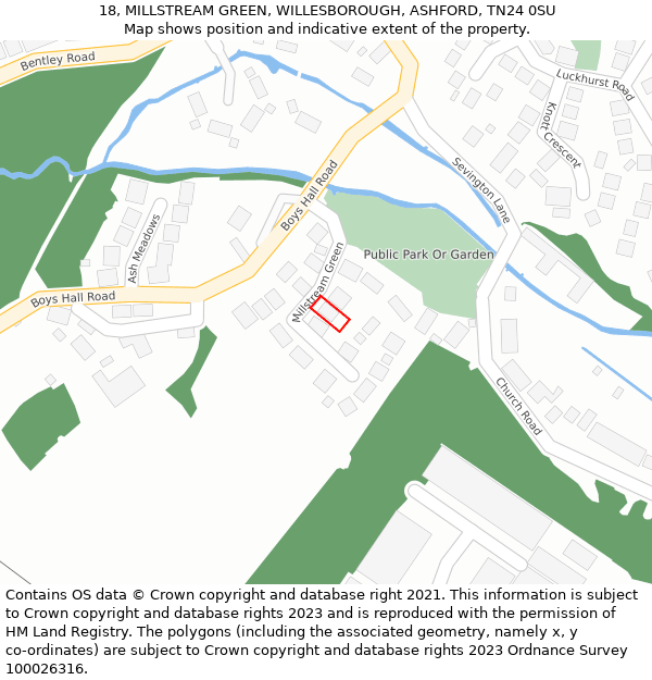 18, MILLSTREAM GREEN, WILLESBOROUGH, ASHFORD, TN24 0SU: Location map and indicative extent of plot