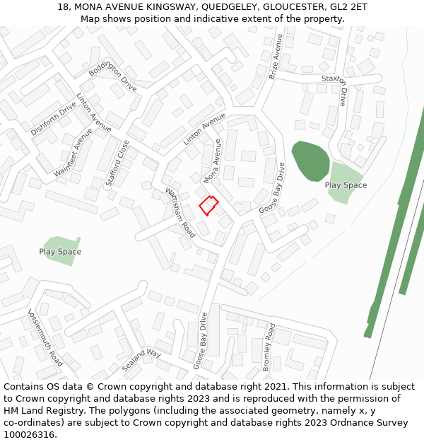18, MONA AVENUE KINGSWAY, QUEDGELEY, GLOUCESTER, GL2 2ET: Location map and indicative extent of plot
