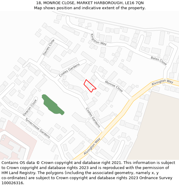 18, MONROE CLOSE, MARKET HARBOROUGH, LE16 7QN: Location map and indicative extent of plot