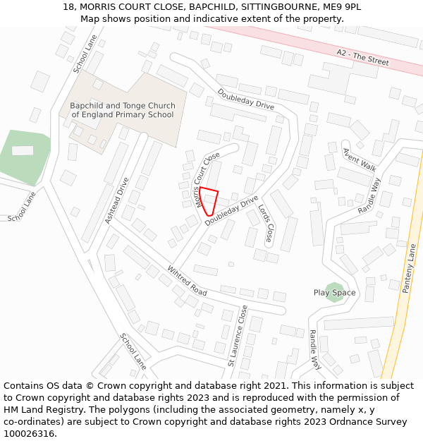 18, MORRIS COURT CLOSE, BAPCHILD, SITTINGBOURNE, ME9 9PL: Location map and indicative extent of plot