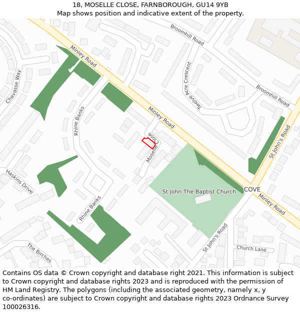 18, MOSELLE CLOSE, FARNBOROUGH, GU14 9YB: Location map and indicative extent of plot