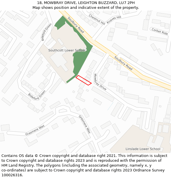 18, MOWBRAY DRIVE, LEIGHTON BUZZARD, LU7 2PH: Location map and indicative extent of plot