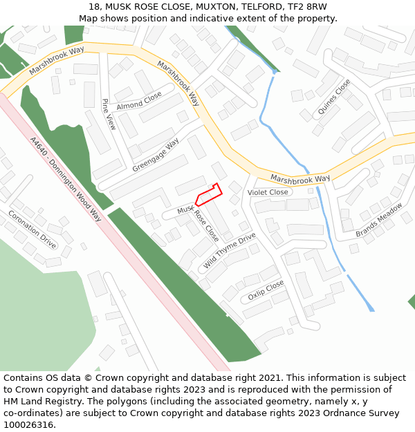 18, MUSK ROSE CLOSE, MUXTON, TELFORD, TF2 8RW: Location map and indicative extent of plot