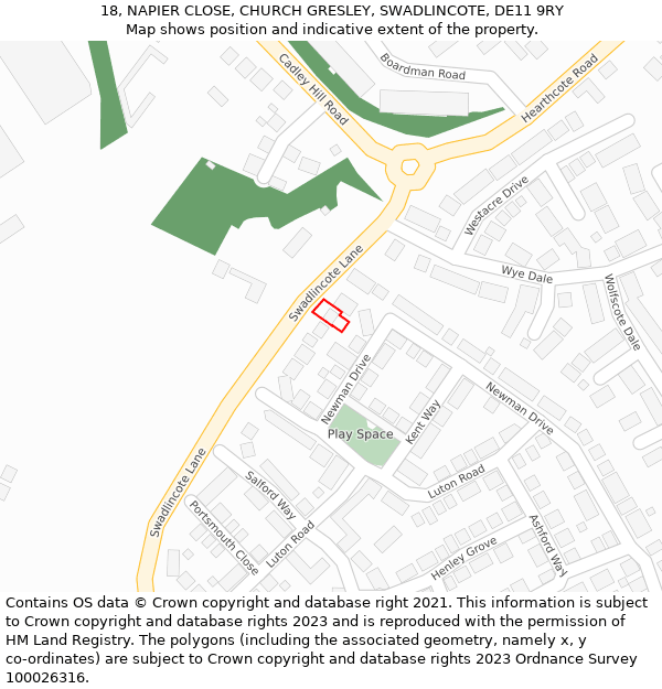 18, NAPIER CLOSE, CHURCH GRESLEY, SWADLINCOTE, DE11 9RY: Location map and indicative extent of plot