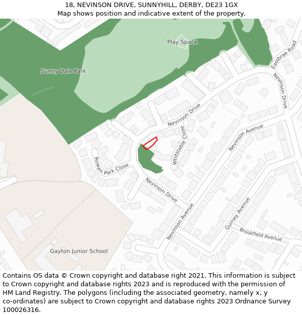 18, NEVINSON DRIVE, SUNNYHILL, DERBY, DE23 1GX: Location map and indicative extent of plot