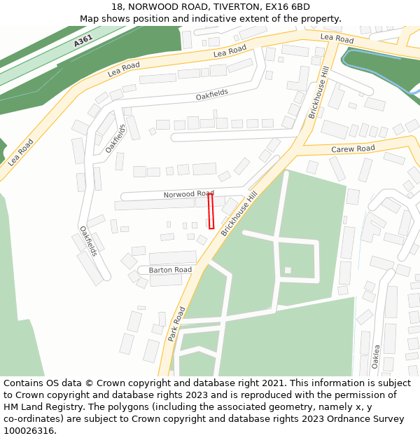 18, NORWOOD ROAD, TIVERTON, EX16 6BD: Location map and indicative extent of plot