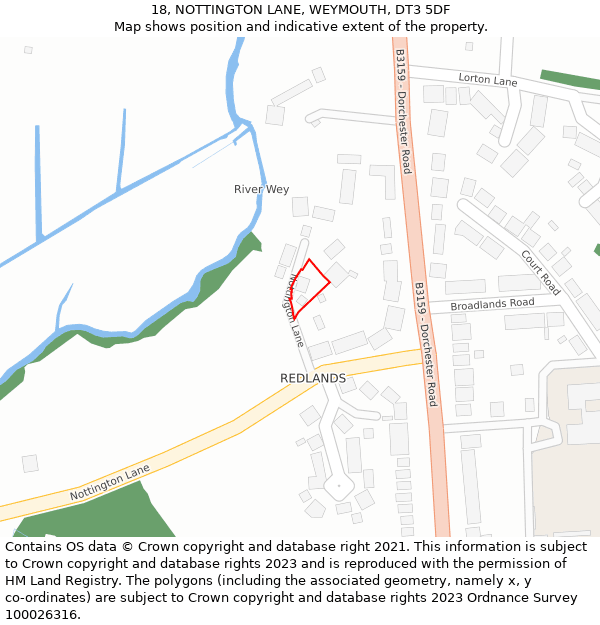 18, NOTTINGTON LANE, WEYMOUTH, DT3 5DF: Location map and indicative extent of plot