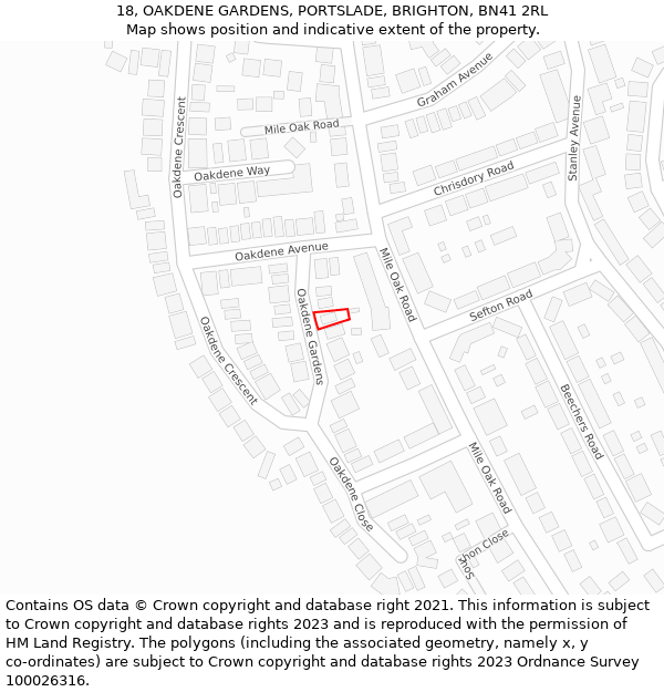18, OAKDENE GARDENS, PORTSLADE, BRIGHTON, BN41 2RL: Location map and indicative extent of plot